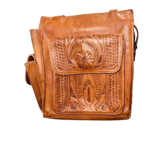 Vintage Handcrafted Congac Tooled Leather Shoulder Bag Floral Design Hippie - Picture 2 of 14